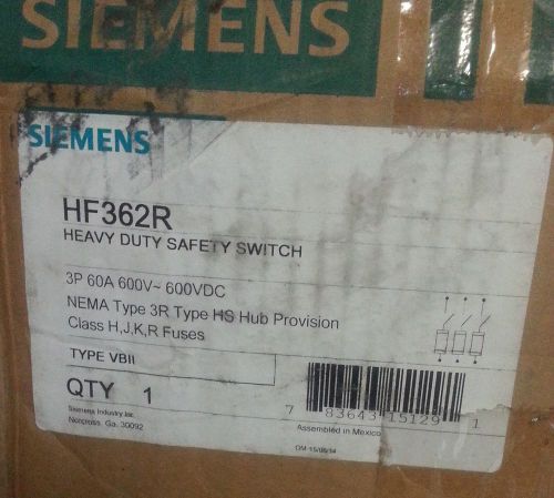 New Siemens HF362R 60 AMP 600 Volt Heavy Duty 3 Pole 3R Raintight Safety Switch