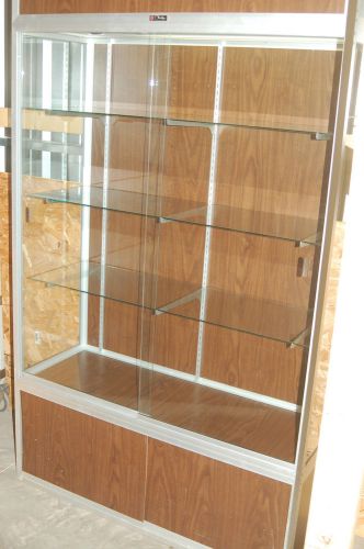 Vintage claridge aluminum &amp; glass tall display cabinet or trophy case for sale