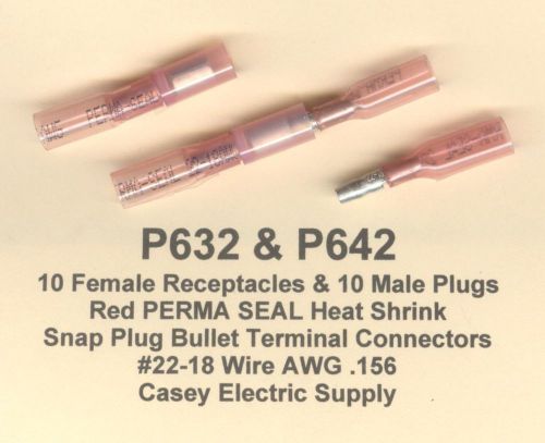 10 Pairs Red PERMA SEAL Heat Shrink Bullet Snap Plug Connector #22-18 .156 MOLEX