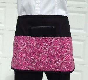 Cute Pink Bandanna Black server waitress waist Half apron 3 pocket restaurant