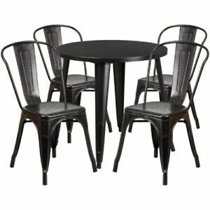 30&#039;&#039; Round Black-Antique Gold Metal Indoor-Outdoor Table Set with 4 Cafe Chairs