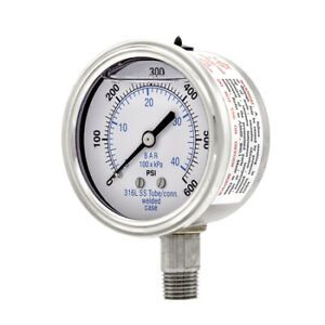PIC GAUGES 301L-254K Gauge,2.5&#034;,0/600psi,1/4&#034;Low Mount,SS,LF