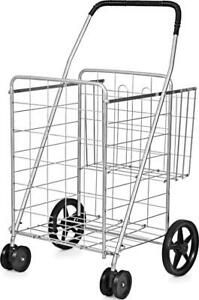 Folding Shopping Cart For Laundry With Swiveling Wheels And Dual Storage