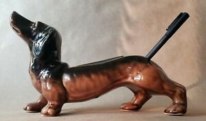 Vintage 10&#034; Ceramic Daschund Doxie Weiner Dog Desk Pen Card Holder Brown UNIQUE