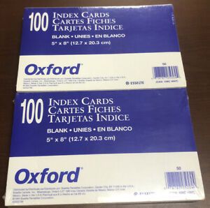 Lot Of 2 Esselte Oxford 100 Blank White Index Cards 5 x 8 Ships Immediately!!
