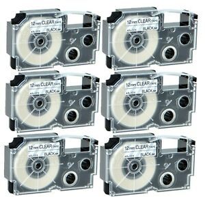 6PK XR-12X Black on Clear Label Tape for Casio KL-120 430 750 60SR 2000 1/2&#034;