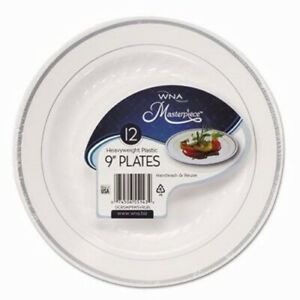 WNA Masterpiece Plastic Plates, White/Silver, 9&#034;, 10 Plates (WNARSM91210WSPK)