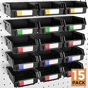 Incly 15 Pack Black Plastic Pegboard Bins Storage Set Hooks to Any Peg Board