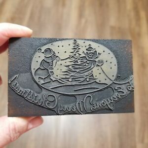 Vintage Letterpress Printing Block To Everyone, Merry Christmas! with Snowmen