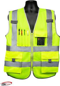 DSV Standard 8 Pockets Class 2 High Visibility Reflective Safety Vest Front Zip