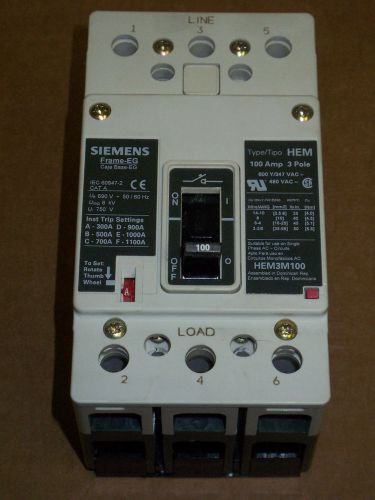 Siemens hem 3 pole 100 amp 600y/347v hem3m100 circuit breaker for sale