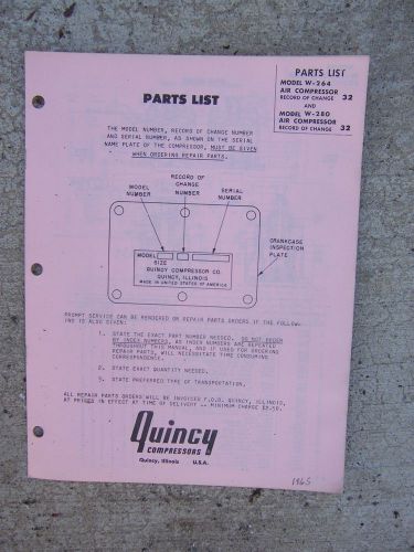 1965 quincy model w-264 w-280 air compressor parts list record of change 32 r for sale