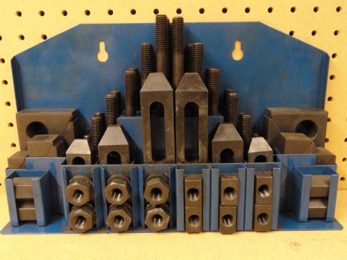 Milling clamping kit 5/8&#034; slot 1/2&#034; stud bolts 52 piece in heavy steel rack nice for sale