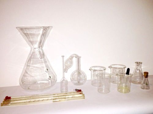 Mid century pyrex chemistry lab 13 piece set lot beakers thermometers flask for sale