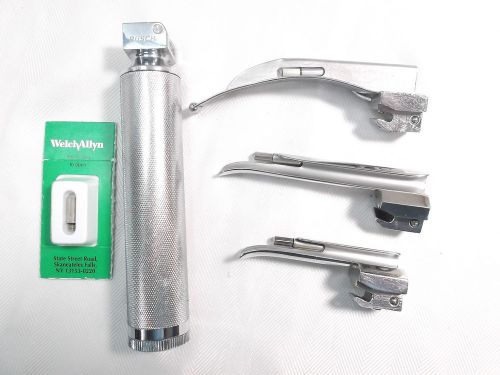RUSCH LARYNGOSCOPE HANDLE WITH 3 BLADES  AND SPARE BULB.