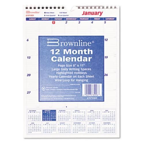 Brownline Monthly Wall Calendar - Monthly - 8&#034; X 11&#034; - 1 Year - (c171101)
