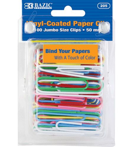 BAZIC Jumbo (50mm) Color Paper Clips (100/Pack), Case of 24