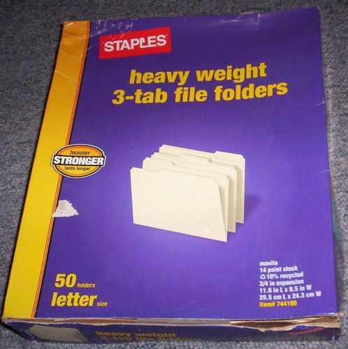 50 Staples Heavy Weight 14-pt,3-tab File Folders.Letter Sz,3/4 in exp-NEW-NR-BIN