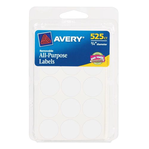 Avery Labels Multi Purpose Removable Tabs Round 0.75&#034; White 525ct Avery 6736