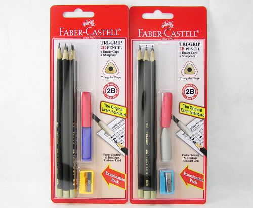 2 Packs Faber Castell Tri Grip 2B Pencil Set with 2 Eraser Cap and 1 Sharpener