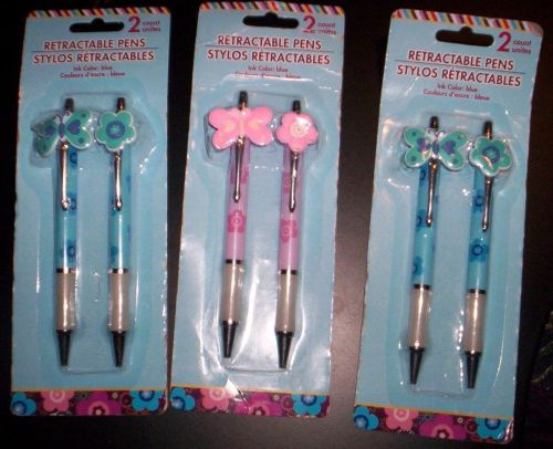 BLUE/PINK~BUTTERFLY &amp; FLOWER  RETRACTABLE PENS, BLUE INK.~TOTAL OF 6 PENS