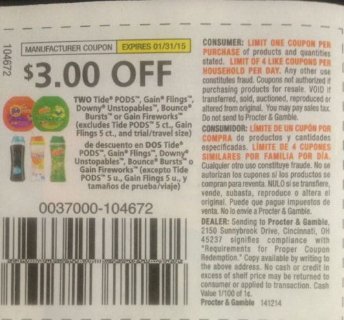 10 $3 Off two (2) Detergent coupons Exp 1/31/2015