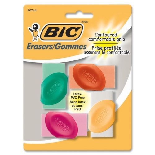 BIC Contoured Comfortable Grip Erasers -Latex-free -4/Pack -Assorted