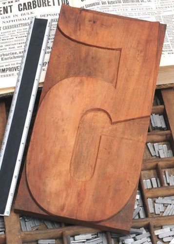 12.48&#034; giant number: 5 rare unused wood type letterpress printing block woodtype