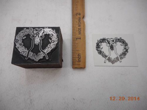 Letterpress Printing Printers Block, Heart Wreath w Flowers &amp; Ribbon
