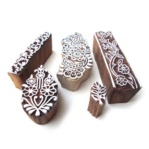 Multi Flower Motifs Hand Carved Wooden Tags for Block Printing (Set of 5)