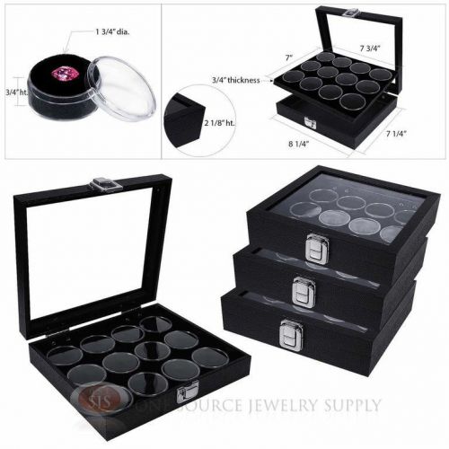 (4) black 12 gem jar inserts w/ glass top display cases gemstone storage jewelry for sale