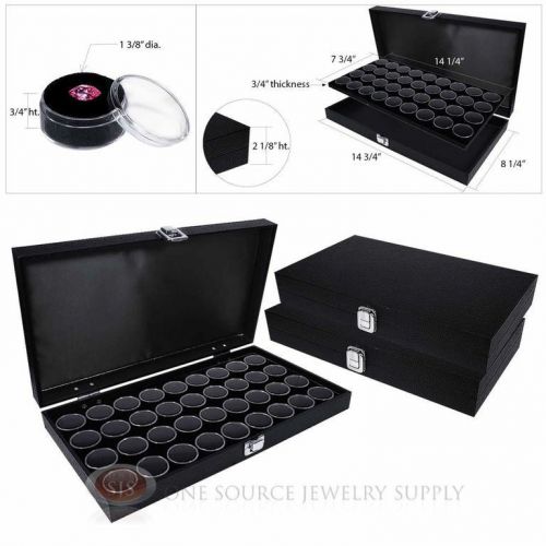 (3) black wooden solid top display cases w/ 3 black 36 gem jar gemstone inserts for sale