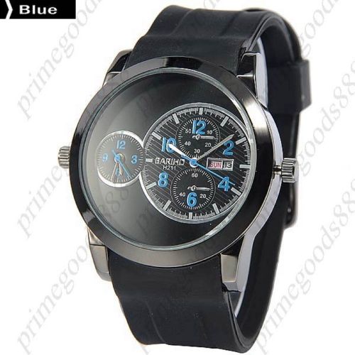 2 Time Zone Zones Black Rubber Band Date Analog Quartz Men&#039;s Wristwatch in Blue