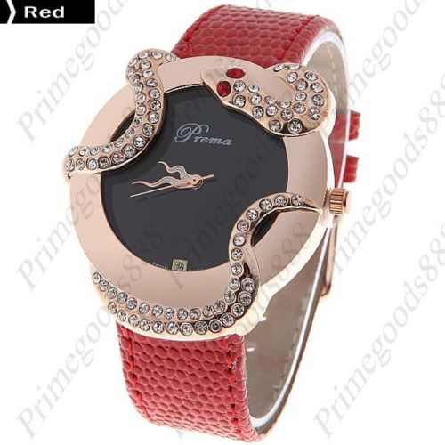 Snake pu leather band rhinestone quartz wrist wristwatch women&#039;s red for sale