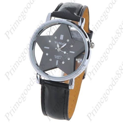Star Round Synthetic Leather Wrist Quartz Lady Ladies Wristwatch Women&#039;s Black