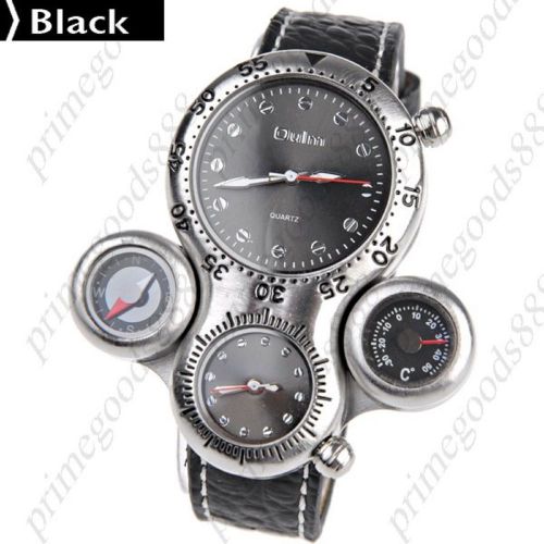 Dual time zone display quartz wrist thermometer compass free shipping black for sale