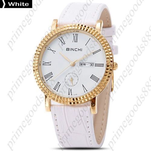 Genuine Leather Men&#039;s Date Analog Wristwatch Free Shipping Gold Golden White