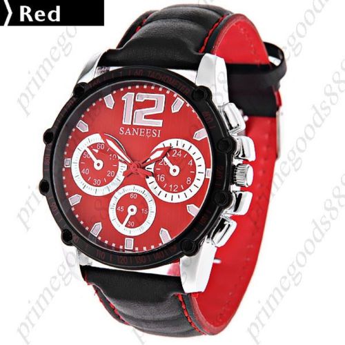 PU Leather Round Case Quartz Wrist Men&#039;s Free Shipping Wristwatch Red