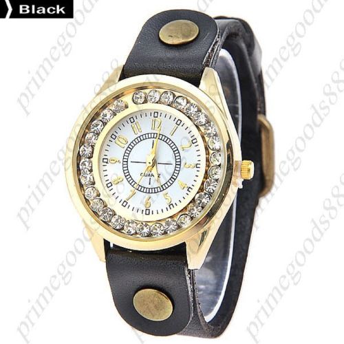 Round Rhinestones Analog PU Leather Lady Ladies Quartz Wristwatch Women&#039;s Black