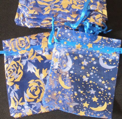 100pcs Royal Blue Pattern Organza Drawstring Wedding Gift Pouch Bag 2.7x3.5&#034; 006