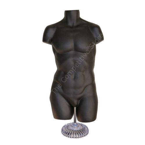 Super male mannequin black dress form with economic plastic base - s-m sizes for sale