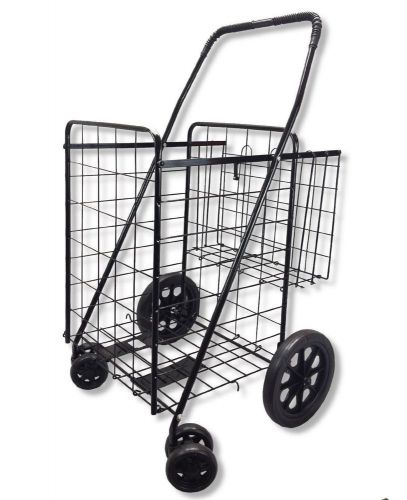 New folding shopping cart with double basket- jumbo size 150 lb capacity- black for sale