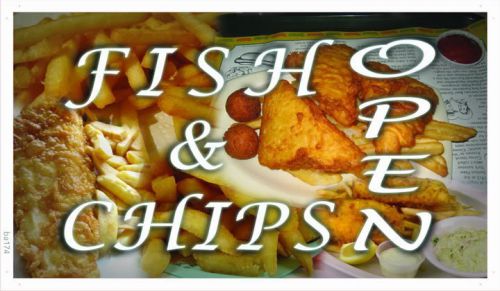 ba174 OPEN Fish &amp; Chips Cafe Shop Bar Banner Shop Sign