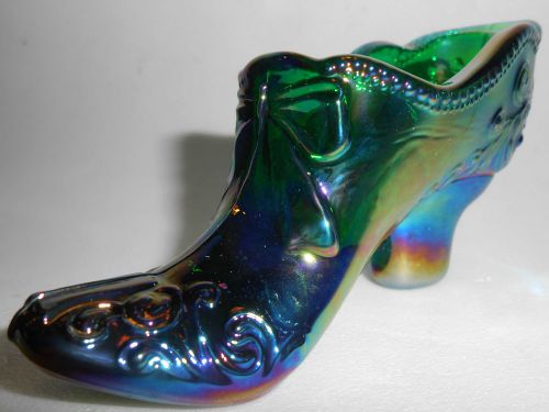 hunter green carnival glass Bow pattern Shoe Slipper Boot iridescent emerald art