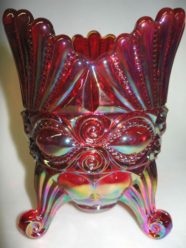 Ruby red Carnival Glass eyewinker Pattern spooner vase royal iridescent flowers