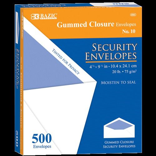 BAZIC #10 Security Envelope w/ Gummed Closure (500/Box), Case of 5