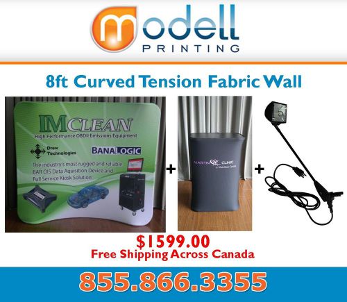 8&#039; curved tension fabric tradeshow display wall + podium counter + led lights for sale