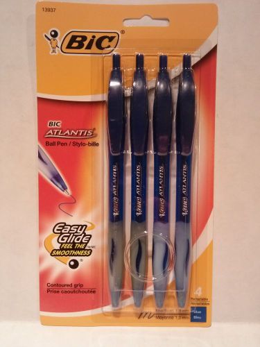 Pkg of 4 NEW Bic Atlantis Easy Glide Medium 1.0 Ballpoint Pens - Blue Ink