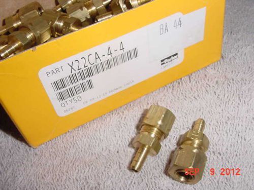 NEW BOX OF (50) PARKER X22CA-4-4 SOLID BRASS PNEUMATIC 1/4&#034; COMPRESSION FITTINGS