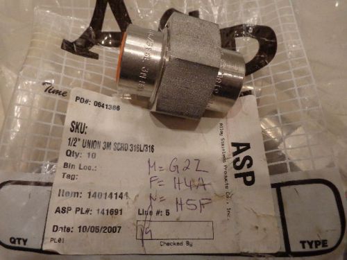 (10) NEW ALLOY STAINLESS PRODUCTS 14014144 1/2&#034; 316L/316 UNION 3M SCRD FITTINGS